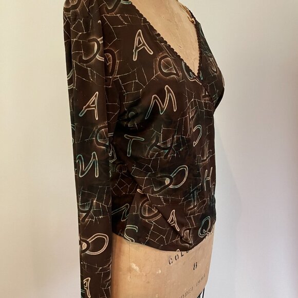 2000s y2k Steps Brand Deep V Wrap Alphabet Print Slinky Knit Bell Sleeve Large - Picture 4 of 16